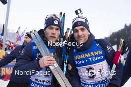12.01.2018, Ruhpolding, Germany (GER): Antonin Guigonnat (FRA), Simon Desthieux (FRA), (l-r) -  IBU world cup biathlon, relay men, Ruhpolding (GER). www.nordicfocus.com. © Manzoni/NordicFocus. Every downloaded picture is fee-liable.