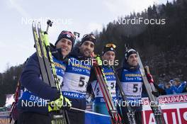 12.01.2018, Ruhpolding, Germany (GER): Quentin Fillon Maillet (FRA), Martin Fourcade (FRA), Antonin Guigonnat (FRA), Simon Desthieux (FRA), (l-r) -  IBU world cup biathlon, relay men, Ruhpolding (GER). www.nordicfocus.com. © Manzoni/NordicFocus. Every downloaded picture is fee-liable.