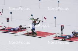 13.01.2018, Ruhpolding, Germany (GER): Marte Olsbu (NOR), Laura Dahlmeier (GER), Celia Aymonier (FRA), (l-r) -  IBU world cup biathlon, relay women, Ruhpolding (GER). www.nordicfocus.com. © Manzoni/NordicFocus. Every downloaded picture is fee-liable.