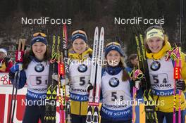 13.01.2018, Ruhpolding, Germany (GER): Linn Persson (SWE), Mona Brorsson (SWE), Anna Magnusson (SWE), Hanna Oeberg (SWE), (l-r) -  IBU world cup biathlon, relay women, Ruhpolding (GER). www.nordicfocus.com. © Manzoni/NordicFocus. Every downloaded picture is fee-liable.