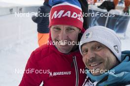 19.01.2018, Antholz, Italy (ITA): Peter Blom (SWE), Madshus Race Service, Christian Manzoni (SUI), IBU photomanager and CEO NordicFocus (l-r) -  IBU world cup biathlon, sprint men, Antholz (ITA). www.nordicfocus.com. © Manzoni/NordicFocus. Every downloaded picture is fee-liable.