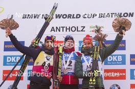 19.01.2018, Antholz, Italy (ITA): Martin Fourcade (FRA), Johannes Thingnes Boe (NOR), Arnd Peiffer (GER), (l-r) -  IBU world cup biathlon, sprint men, Antholz (ITA). www.nordicfocus.com. © Manzoni/NordicFocus. Every downloaded picture is fee-liable.