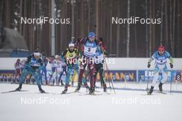 11.03.2018, Kontiolahti, Finland (FIN): Antonin Guigonnat (FRA), Martin Fourcade (FRA), Anton Shipulin (RUS), Jakov Fak (SLO), (l-r) - IBU world cup biathlon, mass start men, Kontiolahti (FIN). www.nordicfocus.com. © Manzoni/NordicFocus. Every downloaded picture is fee-liable.