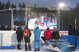11.03.2018, Kontiolahti, Finland (FIN): Andy Mettler (SUI), Rossignol Race Service, Sylvain Fanjas-Claret (FRA), Toni Punktel (ITA), Salomon race serice, Vasja Rupnik (SLO) Alpina racing service, Peter Torkar (SLO), racing service OneWay, (l-r) - IBU world cup biathlon, mass women, Kontiolahti (FIN). www.nordicfocus.com. © Manzoni/NordicFocus. Every downloaded picture is fee-liable.