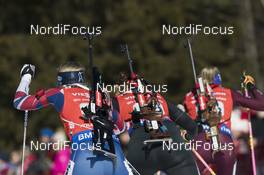 17.03.2018, Oslo, Norway (NOR): Tiril Eckhoff (NOR), Lena Haecki (SUI), Daria Virolainen (RUS), (l-r) - IBU world cup biathlon, relay women, Oslo (NOR). www.nordicfocus.com. © Manzoni/NordicFocus. Every downloaded picture is fee-liable.
