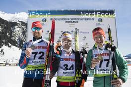 24.01.2018, Ridnaun, Italy (ITA): Tomas Krupcik (CZE), Felix Leitner (AUT), Philipp Horn (GER), (l-r) - IBU Open European championships biathlon, individual men, Ridnaun (ITA). www.nordicfocus.com. © Manzoni/NordicFocus. Every downloaded picture is fee-liable.