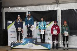 26.01.2018, Ridnaun, Italy (ITA): Chloe Chevalier (FRA), Iryna Varvynets (UKR), Fuyuko Tachizaki (JPN), Victoria Slivko (RUS), Karolin Horchler (GER), (l-r) - IBU Open European championships biathlon, medals, Ridnaun (ITA). www.nordicfocus.com. © Manzoni/NordicFocus. Every downloaded picture is fee-liable.