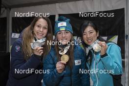 26.01.2018, Ridnaun, Italy (ITA): Chloe Chevalier (FRA), Iryna Varvynets (UKR), Fuyuko Tachizaki (JPN), (l-r) - IBU Open European championships biathlon, medals, Ridnaun (ITA). www.nordicfocus.com. © Manzoni/NordicFocus. Every downloaded picture is fee-liable.