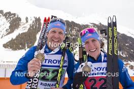 28.01.2018, Ridnaun, Italy (ITA): Lowell Bailey (USA), Susan Dunklee (USA), (l-r) - IBU Open European championships biathlon, medals, Ridnaun (ITA). www.nordicfocus.com. © Manzoni/NordicFocus. Every downloaded picture is fee-liable.