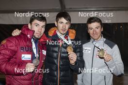 26.01.2018, Ridnaun, Italy (ITA): Alexander Loginov (RUS), Andrejs Rastorgujevs (LAT), Krasimir Anev (BUL), (l-r) - IBU Open European championships biathlon, medals, Ridnaun (ITA). www.nordicfocus.com. © Manzoni/NordicFocus. Every downloaded picture is fee-liable.