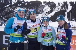 28.01.2018, Ridnaun, Italy (ITA): Dmytro Pidruchnyi (UKR), Artem Pryma (UKR), Iryna Varvynets (UKR), Yuliia Zhuravok (UKR), (l-r) - IBU Open European championships biathlon, medals, Ridnaun (ITA). www.nordicfocus.com. © Manzoni/NordicFocus. Every downloaded picture is fee-liable.