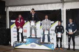 26.01.2018, Ridnaun, Italy (ITA): Alexander Loginov (RUS), Andrejs Rastorgujevs (LAT), Krasimir Anev (BUL), Haavard Gutuboe Bogetveit (NOR), Vetle Sjaastad Christiansen (NOR), (l-r) - IBU Open European championships biathlon, medals, Ridnaun (ITA). www.nordicfocus.com. © Manzoni/NordicFocus. Every downloaded picture is fee-liable.