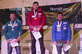 27.01.2018, Ridnaun, Italy (ITA): Krasimir Anev (BUL), Alexander Loginov (RUS), Evgeniy Garanichev (RUS), (l-r) - IBU Open European championships biathlon, medals, Ridnaun (ITA). www.nordicfocus.com. © Manzoni/NordicFocus. Every downloaded picture is fee-liable.