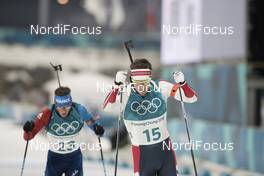 18.02.2018, Pyeongchang, Korea (KOR): Antonin Guigonnat (FRA), Emil Hegle Svendsen (NOR), (l-r) - XXIII. Olympic Winter Games Pyeongchang 2018, biathlon, mass men, Pyeongchang (KOR). www.nordicfocus.com. © Manzoni/NordicFocus. Every downloaded picture is fee-liable.
