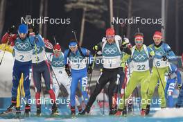 18.02.2018, Pyeongchang, Korea (KOR): Martin Fourcade (FRA), Johannes Thingnes Boe (NOR), Dominik Windisch (ITA), Arnd Peiffer (GER), Klemen Bauer (SLO), Jakov Fak (SLO), (l-r) - XXIII. Olympic Winter Games Pyeongchang 2018, biathlon, mass men, Pyeongchang (KOR). www.nordicfocus.com. © Manzoni/NordicFocus. Every downloaded picture is fee-liable.