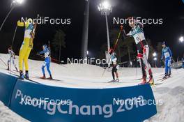 18.02.2018, Pyeongchang, Korea (KOR): Sebastian Samuelsson (SWE), Benedikt Doll (GER), Dominik Landertinger (AUT), (l-r) - XXIII. Olympic Winter Games Pyeongchang 2018, biathlon, mass men, Pyeongchang (KOR). www.nordicfocus.com. © Manzoni/NordicFocus. Every downloaded picture is fee-liable.