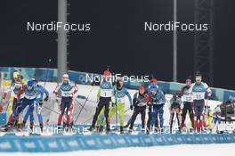 18.02.2018, Pyeongchang, Korea (KOR): Johannes Thingnes Boe (NOR), Martin Fourcade (FRA), Tarjei Boe (NOR), Arnd Peiffer (GER), Jakov Fak (SLO), Benedikt Doll (GER), Simon Desthieux (FRA), Benjamin Weger (SUI), Emil Hegle Svendsen (NOR), (l-r) - XXIII. Olympic Winter Games Pyeongchang 2018, biathlon, mass men, Pyeongchang (KOR). www.nordicfocus.com. © Manzoni/NordicFocus. Every downloaded picture is fee-liable.