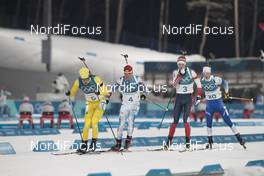18.02.2018, Pyeongchang, Korea (KOR): Sebastian Samuelsson (SWE), Michal Krcmar (CZE), Johannes Thingnes Boe (NOR), Tarjei Boe (NOR), (l-r) - XXIII. Olympic Winter Games Pyeongchang 2018, biathlon, mass men, Pyeongchang (KOR). www.nordicfocus.com. © Manzoni/NordicFocus. Every downloaded picture is fee-liable.