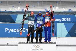 18.02.2018, Pyeongchang, Korea (KOR): Simon Schempp (GER), Martin Fourcade (FRA), Emil Hegle Svendsen (NOR), (l-r) - XXIII. Olympic Winter Games Pyeongchang 2018, biathlon, mass men, Pyeongchang (KOR). www.nordicfocus.com. © Thibaut/NordicFocus. Every downloaded picture is fee-liable.