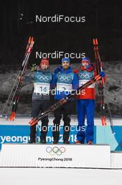 18.02.2018, Pyeongchang, Korea (KOR): Simon Schempp (GER), Martin Fourcade (FRA), Emil Hegle Svendsen (NOR), (l-r) - XXIII. Olympic Winter Games Pyeongchang 2018, biathlon, mass men, Pyeongchang (KOR). www.nordicfocus.com. © Manzoni/NordicFocus. Every downloaded picture is fee-liable.