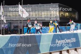 17.02.2018, Pyeongchang, Korea (KOR): Laura Dahlmeier (GER), Marte Olsbu (NOR), Hanna Oeberg (SWE), Anastasiya Kuzmina (SVK), Veronika Vitkova (CZE), (l-r) - XXIII. Olympic Winter Games Pyeongchang 2018, biathlon, mass women, Pyeongchang (KOR). www.nordicfocus.com. © Manzoni/NordicFocus. Every downloaded picture is fee-liable.