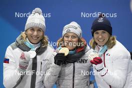 13.02.2018, Pyeongchang, Korea (KOR): Anastasiya Kuzmina (SVK), Laura Dahlmeier (GER), Anais Bescond (FRA), (l-r) - XXIII. Olympic Winter Games Pyeongchang 2018, biathlon, medals, Pyeongchang (KOR). www.nordicfocus.com. © Manzoni/NordicFocus. Every downloaded picture is fee-liable.