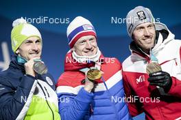 10.02.2018, Pyeongchang, Korea (KOR): Jakov Fak (SLO), Johannes Thingnes Boe (NOR), Dominik Landertinger (AUT), (l-r) - XXIII. Olympic Winter Games Pyeongchang 2018, biathlon, medals, Pyeongchang (KOR). www.nordicfocus.com. © Modica/NordicFocus. Every downloaded picture is fee-liable.