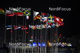 13.02.2018, Pyeongchang, Korea (KOR): Event Feature: nations flags wave in the strong wind - XXIII. Olympic Winter Games Pyeongchang 2018, biathlon, medals, Pyeongchang (KOR). www.nordicfocus.com. © Manzoni/NordicFocus. Every downloaded picture is fee-liable.