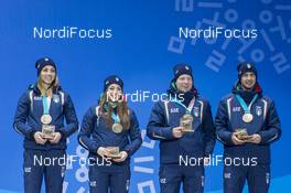 21.02.2018, Pyeongchang, Korea (KOR): Lisa Vittozzi (ITA), Dorothea Wierer (ITA), Lukas Hofer (ITA), Dominik Windisch (ITA), (l-r) - XXIII. Olympic Winter Games Pyeongchang 2018, biathlon, medals, Pyeongchang (KOR). www.nordicfocus.com. © Thibaut/NordicFocus. Every downloaded picture is fee-liable.
