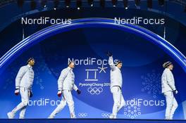 21.02.2018, Pyeongchang, Korea (KOR): Martin Fourcade (FRA), Simon Desthieux (FRA), Anais Bescond (FRA), Marie Dorin Habert (FRA) - XXIII. Olympic Winter Games Pyeongchang 2018, biathlon, medals, Pyeongchang (KOR). www.nordicfocus.com. © Thibaut/NordicFocus. Every downloaded picture is fee-liable.