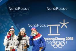 10.02.2018, Pyeongchang, Korea (KOR): Veronika Vitkova (CZE), Laura Dahlmeier (GER), Marte Olsbu (NOR), (l-r) - XXIII. Olympic Winter Games Pyeongchang 2018, biathlon, medals, Pyeongchang (KOR). www.nordicfocus.com. © Modica/NordicFocus. Every downloaded picture is fee-liable.