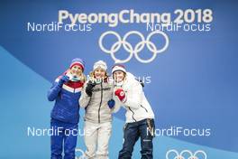 10.02.2018, Pyeongchang, Korea (KOR): Veronika Vitkova (CZE), Laura Dahlmeier (GER), Marte Olsbu (NOR), (l-r) - XXIII. Olympic Winter Games Pyeongchang 2018, biathlon, medals, Pyeongchang (KOR). www.nordicfocus.com. © Modica/NordicFocus. Every downloaded picture is fee-liable.