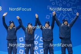 21.02.2018, Pyeongchang, Korea (KOR): Lisa Vittozzi (ITA), Dorothea Wierer (ITA), Lukas Hofer (ITA), Dominik Windisch (ITA), (l-r) - XXIII. Olympic Winter Games Pyeongchang 2018, biathlon, medals, Pyeongchang (KOR). www.nordicfocus.com. © Thibaut/NordicFocus. Every downloaded picture is fee-liable.