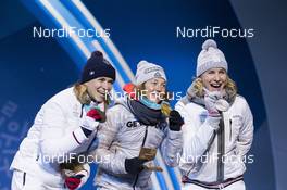 13.02.2018, Pyeongchang, Korea (KOR): Anais Bescond (FRA), Laura Dahlmeier (GER), Anastasiya Kuzmina (SVK), (l-r) - XXIII. Olympic Winter Games Pyeongchang 2018, biathlon, medals, Pyeongchang (KOR). www.nordicfocus.com. © Manzoni/NordicFocus. Every downloaded picture is fee-liable.