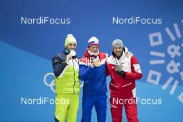 16.02.2018, Pyeongchang, Korea (KOR): Jakov Fak (SLO), Johannes Thingnes Boe (NOR), Dominik Landertinger (AUT), (l-r) - XXIII. Olympic Winter Games Pyeongchang 2018, biathlon, medals, Pyeongchang (KOR). www.nordicfocus.com. © Manzoni/NordicFocus. Every downloaded picture is fee-liable.