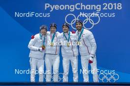 21.02.2018, Pyeongchang, Korea (KOR): Marie Dorin Habert (FRA), Anais Bescond (FRA), Simon Desthieux (FRA), Martin Fourcade (FRA), (l-r) - XXIII. Olympic Winter Games Pyeongchang 2018, biathlon, medals, Pyeongchang (KOR). www.nordicfocus.com. © Thibaut/NordicFocus. Every downloaded picture is fee-liable.