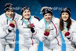 23.02.2018, Pyeongchang, Korea (KOR): Anais Bescond (FRA), Justine Braisaz (FRA), Marie Dorin Habert (FRA), Anais Chevalier (FRA), (l-r) - XXIII. Olympic Winter Games Pyeongchang 2018, biathlon, medals, Pyeongchang (KOR). www.nordicfocus.com. © Modica/NordicFocus. Every downloaded picture is fee-liable.