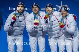 21.02.2018, Pyeongchang, Korea (KOR): Martin Fourcade (FRA), Simon Desthieux (FRA), Anais Bescond (FRA), Marie Dorin Habert (FRA) - XXIII. Olympic Winter Games Pyeongchang 2018, biathlon, medals, Pyeongchang (KOR). www.nordicfocus.com. © Thibaut/NordicFocus. Every downloaded picture is fee-liable.