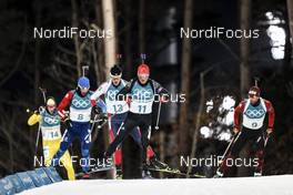 12.02.2018, Pyeongchang, Korea (KOR): Martin Fourcade (FRA), Tarjei Boe (NOR), Erik Lesser (GER), Serafin Wiestner (SUI), (l-r)  - XXIII. Olympic Winter Games Pyeongchang 2018, biathlon, pursuit men, Pyeongchang (KOR). www.nordicfocus.com. © Modica/NordicFocus. Every downloaded picture is fee-liable.