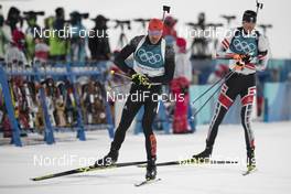12.02.2018, Pyeongchang, Korea (KOR): Arnd Peiffer (GER), Julian Eberhard (AUT), (l-r) - XXIII. Olympic Winter Games Pyeongchang 2018, biathlon, pursuit men, Pyeongchang (KOR). www.nordicfocus.com. © Manzoni/NordicFocus. Every downloaded picture is fee-liable.
