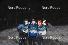 12.02.2018, Pyeongchang, Korea (KOR): Sebastian Samuelsson (SWE), Martin Fourcade (FRA), Benedikt Doll (GER), (l-r) - XXIII. Olympic Winter Games Pyeongchang 2018, biathlon, pursuit men, Pyeongchang (KOR). www.nordicfocus.com. © Manzoni/NordicFocus. Every downloaded picture is fee-liable.