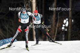 12.02.2018, Pyeongchang, Korea (KOR): Julian Eberhard (AUT), Arnd Peiffer (GER), (l-r)  - XXIII. Olympic Winter Games Pyeongchang 2018, biathlon, pursuit men, Pyeongchang (KOR). www.nordicfocus.com. © Modica/NordicFocus. Every downloaded picture is fee-liable.