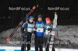 12.02.2018, Pyeongchang, Korea (KOR): Sebastian Samuelsson (SWE), Martin Fourcade (FRA), Benedikt Doll (GER), (l-r) - XXIII. Olympic Winter Games Pyeongchang 2018, biathlon, pursuit men, Pyeongchang (KOR). www.nordicfocus.com. © Manzoni/NordicFocus. Every downloaded picture is fee-liable.