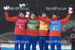 23.02.2018, Pyeongchang, Korea (KOR): Lars Helge Birkeland (NOR), Tarjei Boe (NOR), Johannes Thingnes Boe (NOR), Emil Hegle Svendsen (NOR), (l-r), (l-r) - XXIII. Olympic Winter Games Pyeongchang 2018, biathlon, relay men, Pyeongchang (KOR). www.nordicfocus.com. © Manzoni/NordicFocus. Every downloaded picture is fee-liable.
