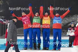 23.02.2018, Pyeongchang, Korea (KOR): Lars Helge Birkeland (NOR), Tarjei Boe (NOR), Johannes Thingnes Boe (NOR), Emil Hegle Svendsen (NOR), (l-r), (l-r) - XXIII. Olympic Winter Games Pyeongchang 2018, biathlon, relay men, Pyeongchang (KOR). www.nordicfocus.com. © Manzoni/NordicFocus. Every downloaded picture is fee-liable.