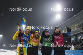 23.02.2018, Pyeongchang, Korea (KOR): Fredrik Lindstroem (SWE), Sebastian Samuelsson (SWE), Jesper Nelin (SWE), Peppe Femling (SWE), +G+, (l-r) - XXIII. Olympic Winter Games Pyeongchang 2018, biathlon, relay men, Pyeongchang (KOR). www.nordicfocus.com. © Manzoni/NordicFocus. Every downloaded picture is fee-liable.
