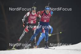 23.02.2018, Pyeongchang, Korea (KOR): Tobias Eberhard (AUT), Simon Desthieux (FRA), (l-r) - XXIII. Olympic Winter Games Pyeongchang 2018, biathlon, relay men, Pyeongchang (KOR). www.nordicfocus.com. © Manzoni/NordicFocus. Every downloaded picture is fee-liable.