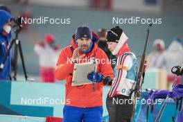 11.02.2018, Pyeongchang, Korea (KOR): Siegfried Mazet (FRA) coach team Norway, Erlend Bjoentegaard (NOR), (l-r) - XXIII. Olympic Winter Games Pyeongchang 2018, biathlon, sprint men, Pyeongchang (KOR). www.nordicfocus.com. © Manzoni/NordicFocus. Every downloaded picture is fee-liable.