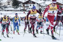 06.01.2018, Val di Fiemme, Italy (ITA): Martin Johnsrud Sundby (NOR), Alexey Poltoranin (KAZ), Alexander Bolshunov (RUS), Alex Harvey (CAN), Didrik Toenseth (NOR), (l-r)  - FIS world cup cross-country, tour de ski, mass men, Val di Fiemme (ITA). www.nordicfocus.com. © Modica/NordicFocus. Every downloaded picture is fee-liable.