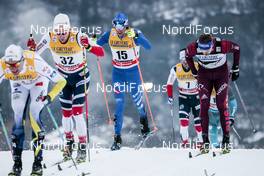 06.01.2018, Val di Fiemme, Italy (ITA): Didrik Toenseth (NOR), Francesco De Fabiani (ITA), Sergey Ustiugov (RUS), (l-r)  - FIS world cup cross-country, tour de ski, mass men, Val di Fiemme (ITA). www.nordicfocus.com. © Modica/NordicFocus. Every downloaded picture is fee-liable.